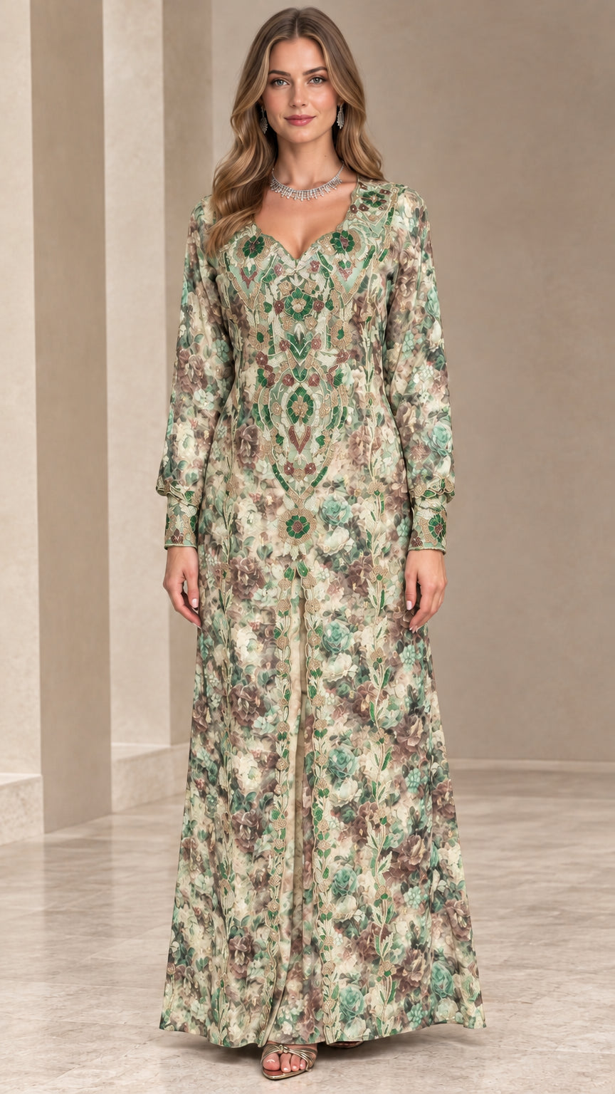 Front view of sage green floral embroidered long sleeve maxi evening dress