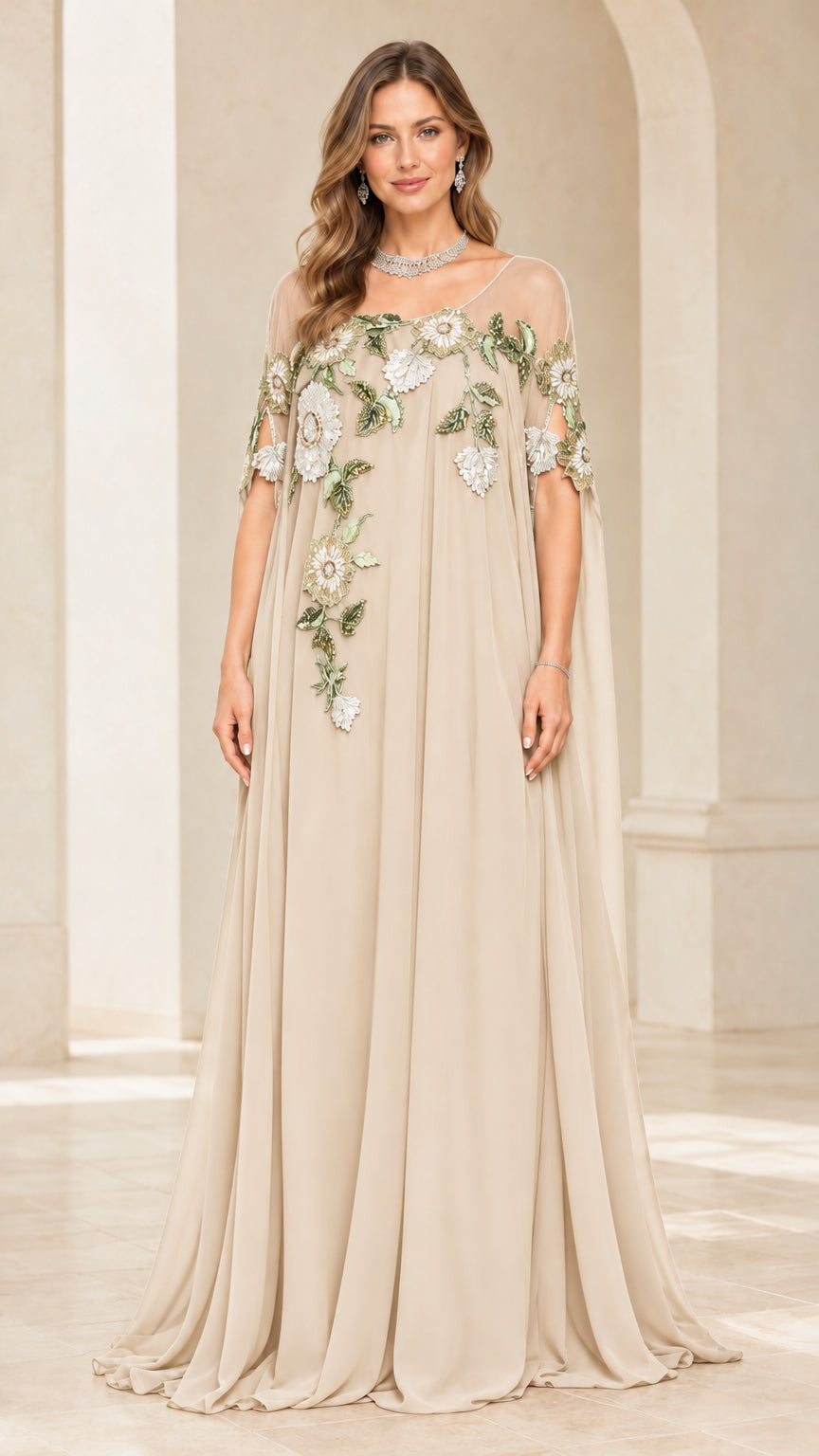 Champagne beige cape sleeve embroidered formal evening gown