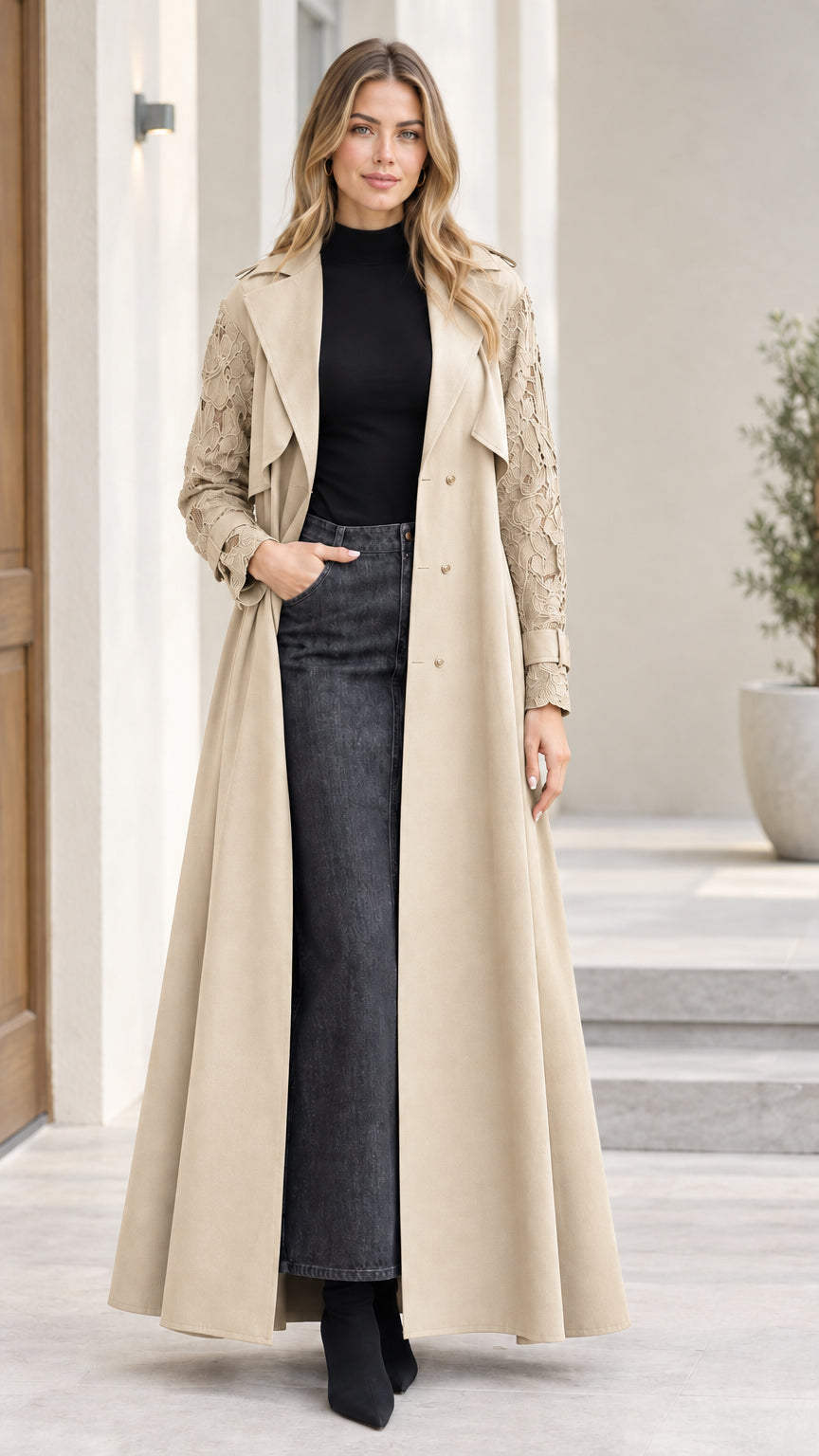 Front full-length view of beige khaki lace-sleeve maxi trench coat