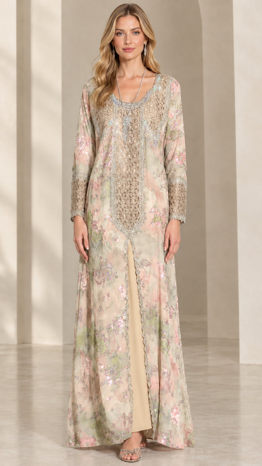 Front view of Champagne floral embroidered kaftan maxi dress
