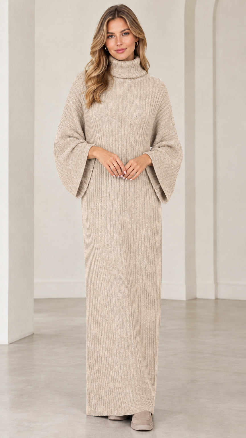 Full front view of model wearing beige oatmeal turtleneck ribbed maxi sweater dress