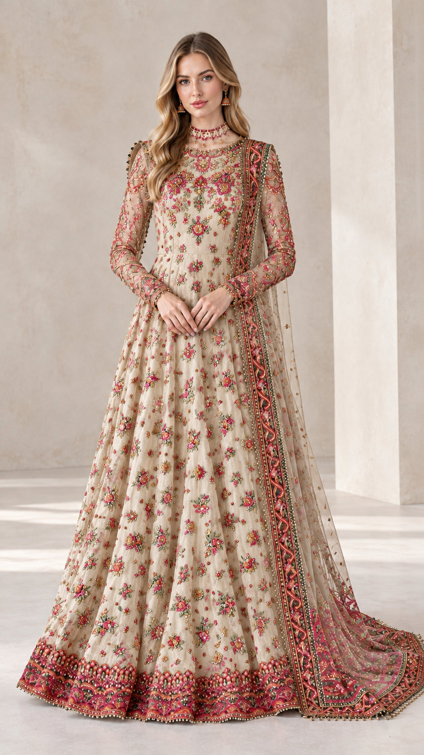 Champagne cream embroidered long sleeve formal gown
