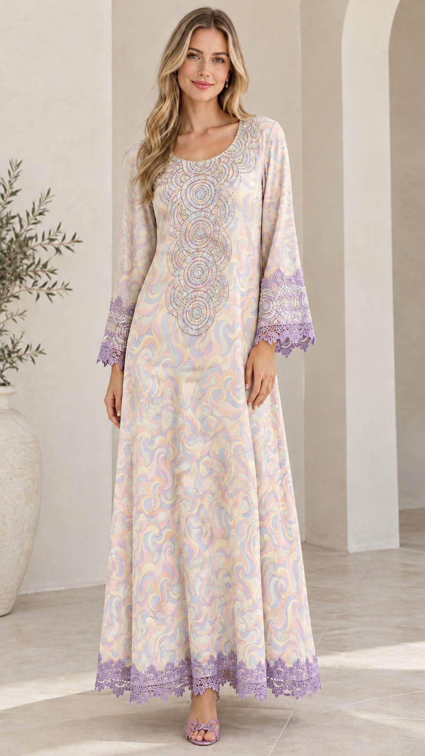 Full-length view of champagne pastel swirl print embellished maxi dress
