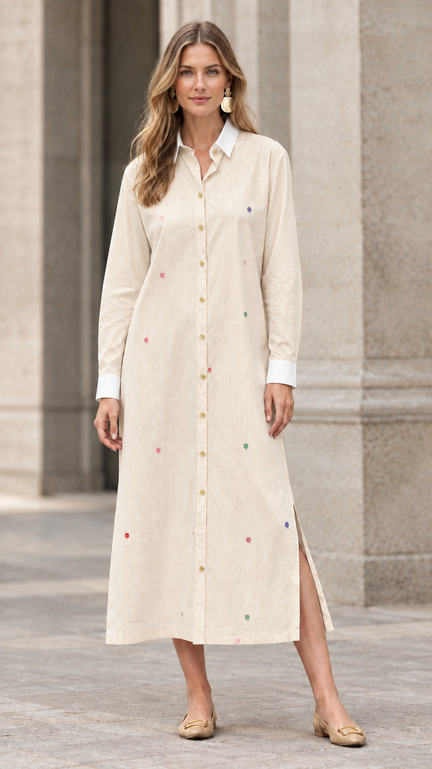 Full-length view of cream striped embroidered maxi shirt dress