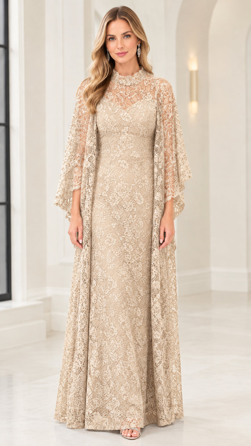 Model wearing Champagne beige floral lace formal dress with sheer cape overlay