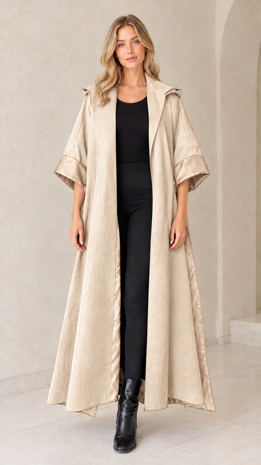 Front view of beige champagne hooded maxi duster coat