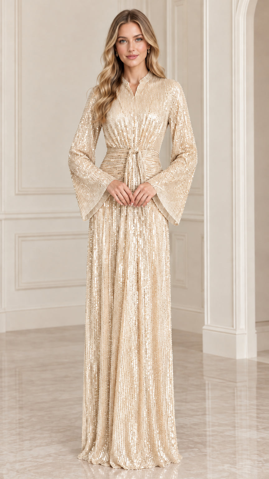Model wearing Champagne gold sequin long sleeve evening maxi dress
