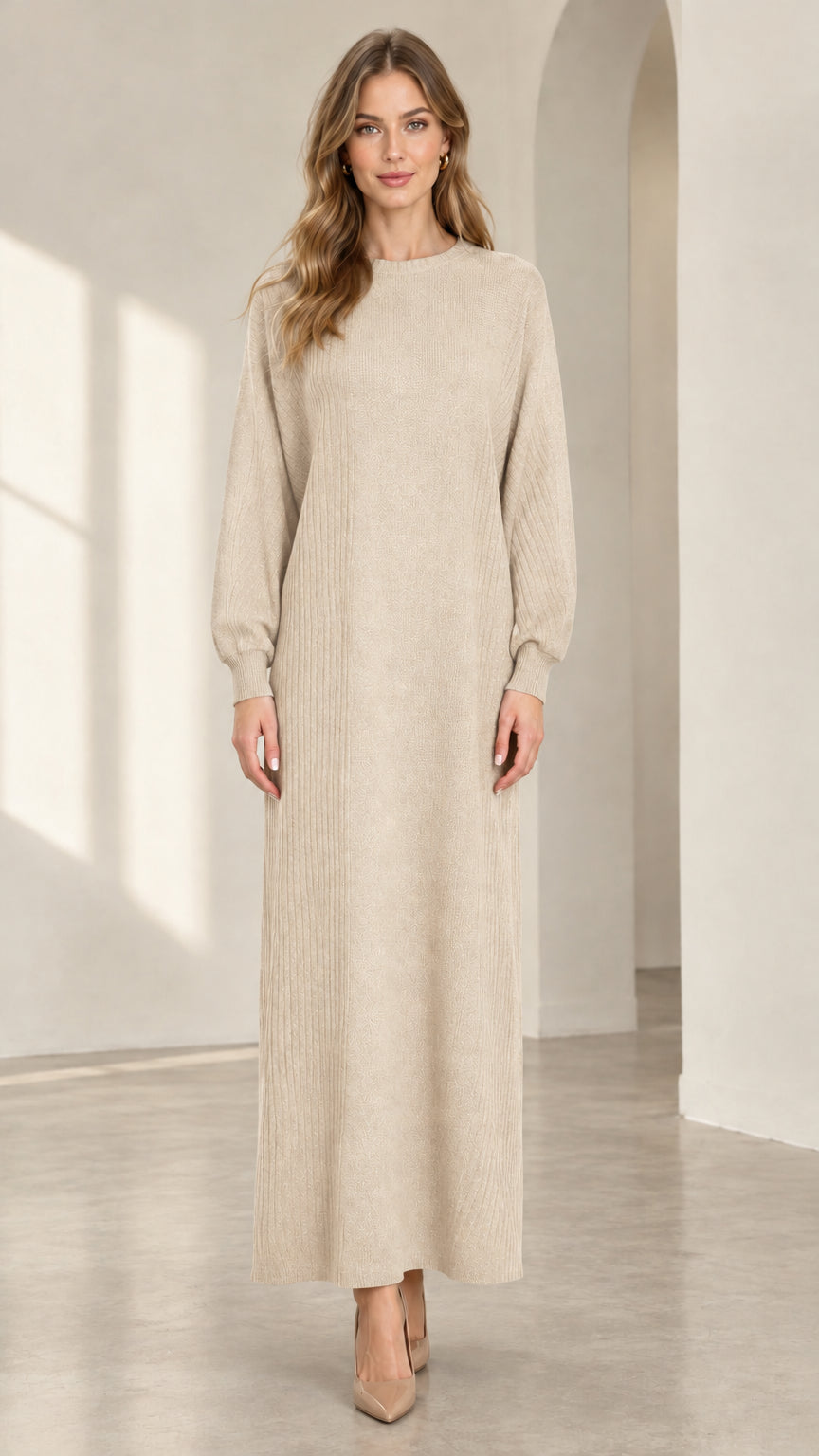 Front view of woman wearing beige oatmeal textured knit long sleeve maxi dress