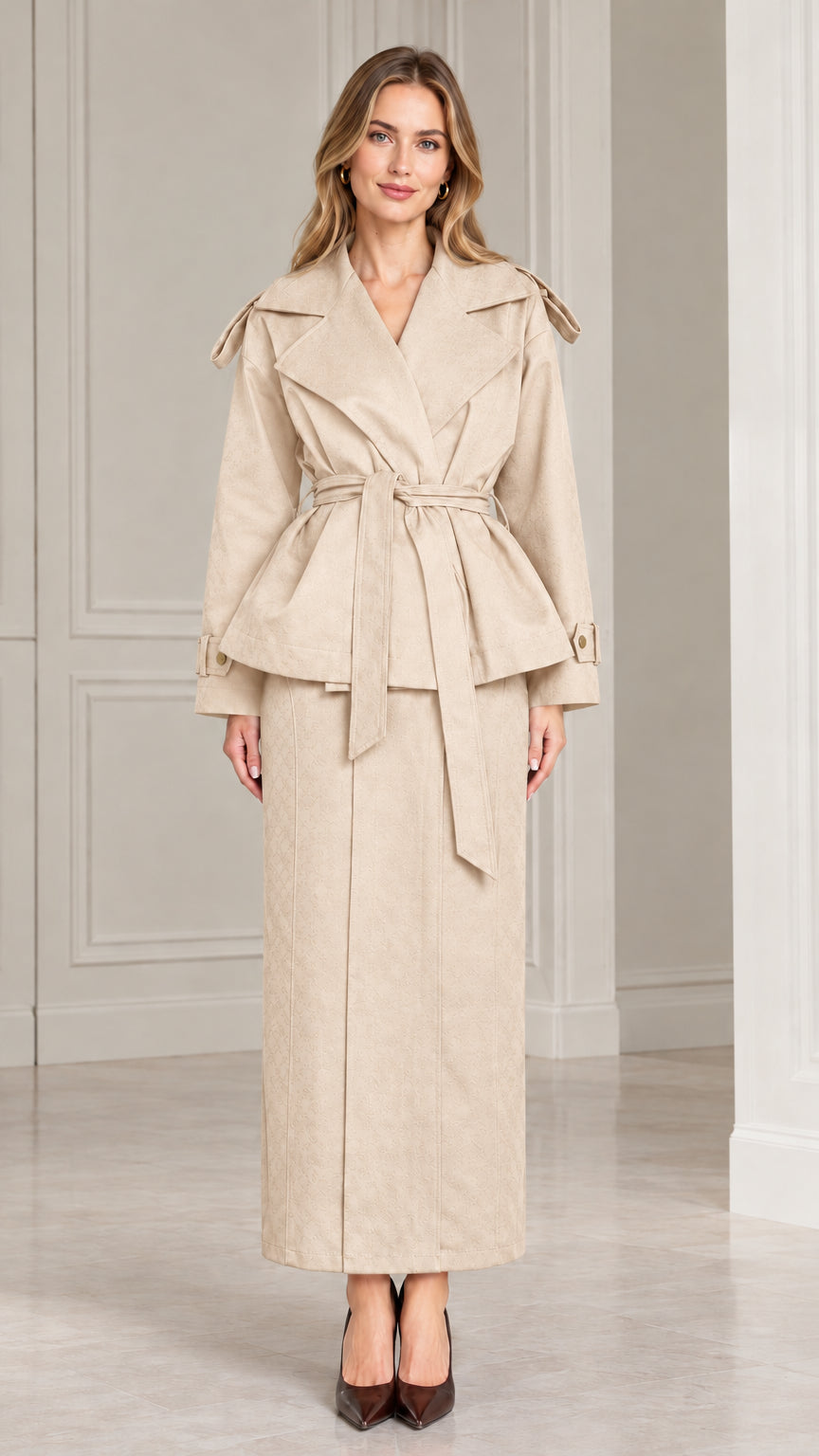 Front view of model wearing beige cream belted peplum jacket and maxi skirt set