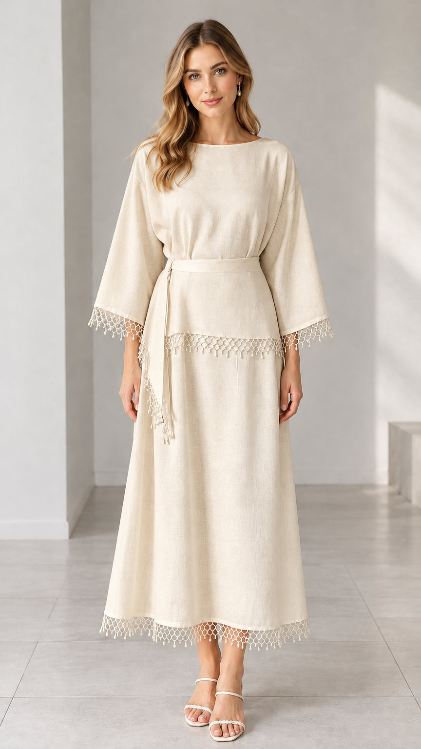 Full-length studio view of woman wearing cream beige crochet trim belted maxi dress