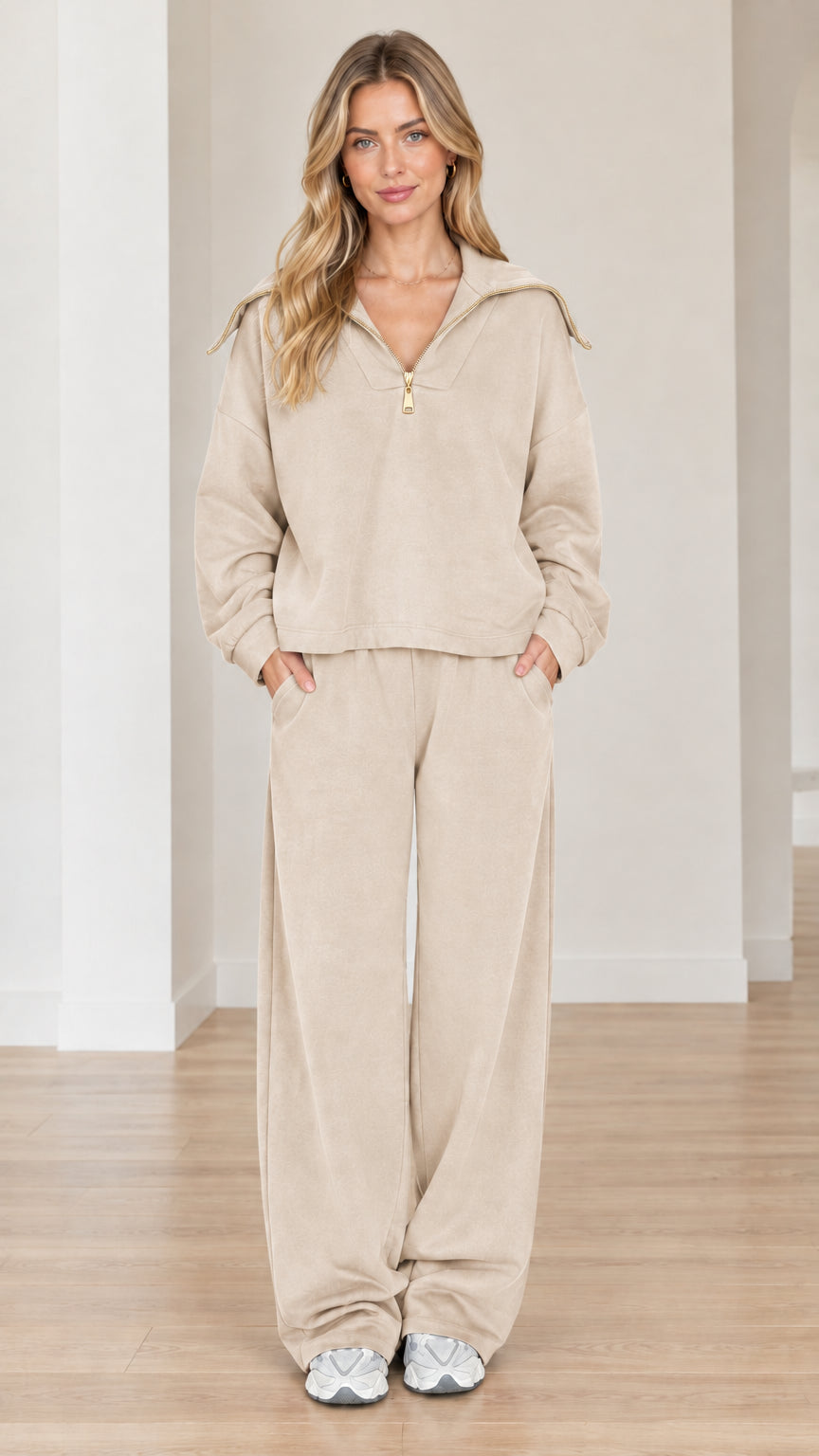 Model wearing beige oatmeal half-zip sailor collar sweatshirt and wide-leg lounge pants set