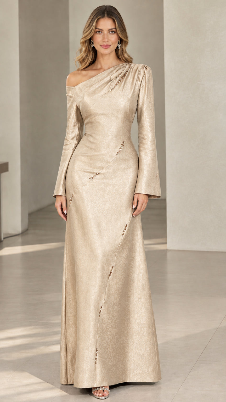 Champagne gold one-shoulder long sleeve formal evening dress