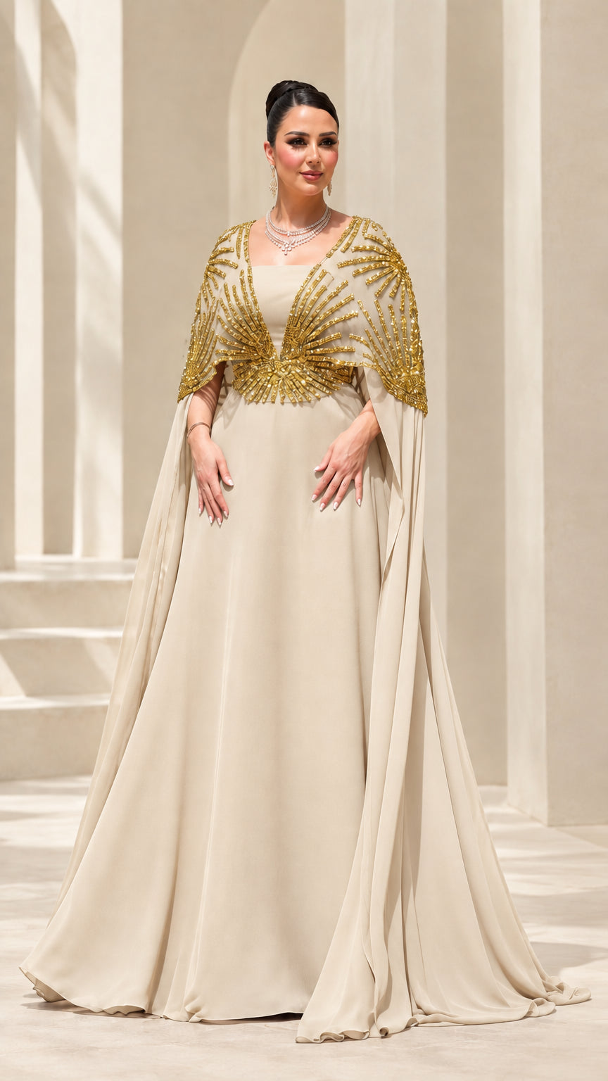 Champagne beige formal cape evening gown with gold sequined bodice