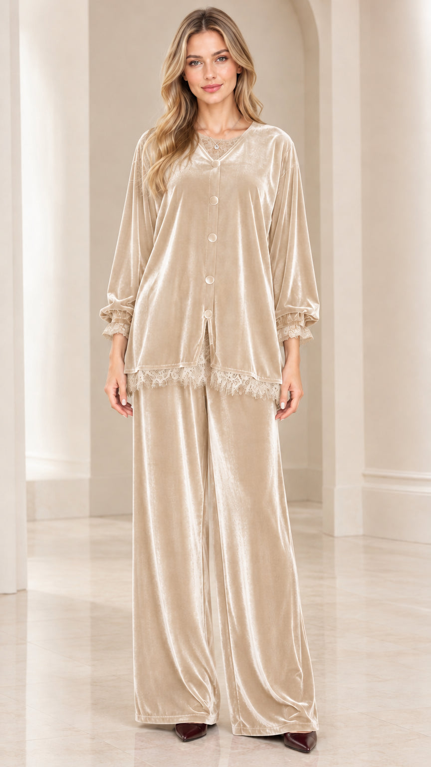 Full-length front view of women's champagne beige velvet lace trim two-piece pajama set
