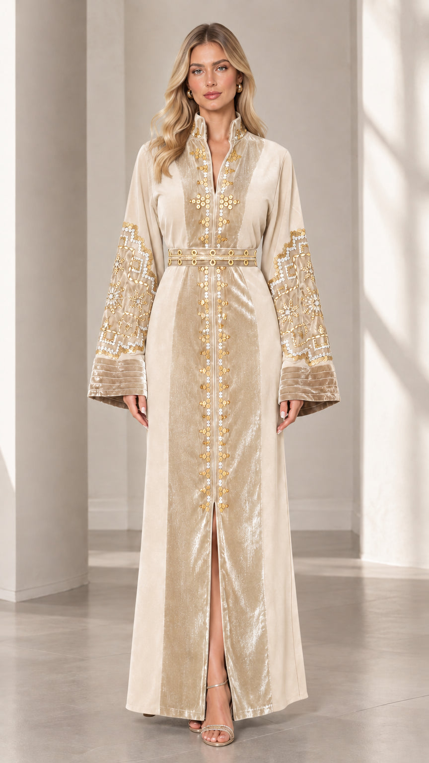Front view of woman wearing champagne gold embroidered velvet kaftan maxi dress with belt