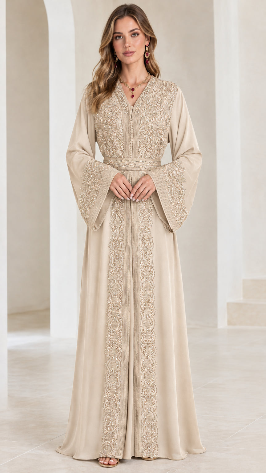 Front view of champagne beige embroidered maxi abaya kaftan dress