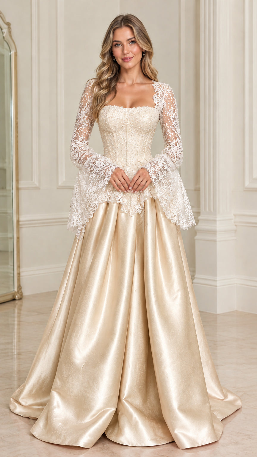 Model wearing champagne gold lace bell sleeve corset satin ball gown