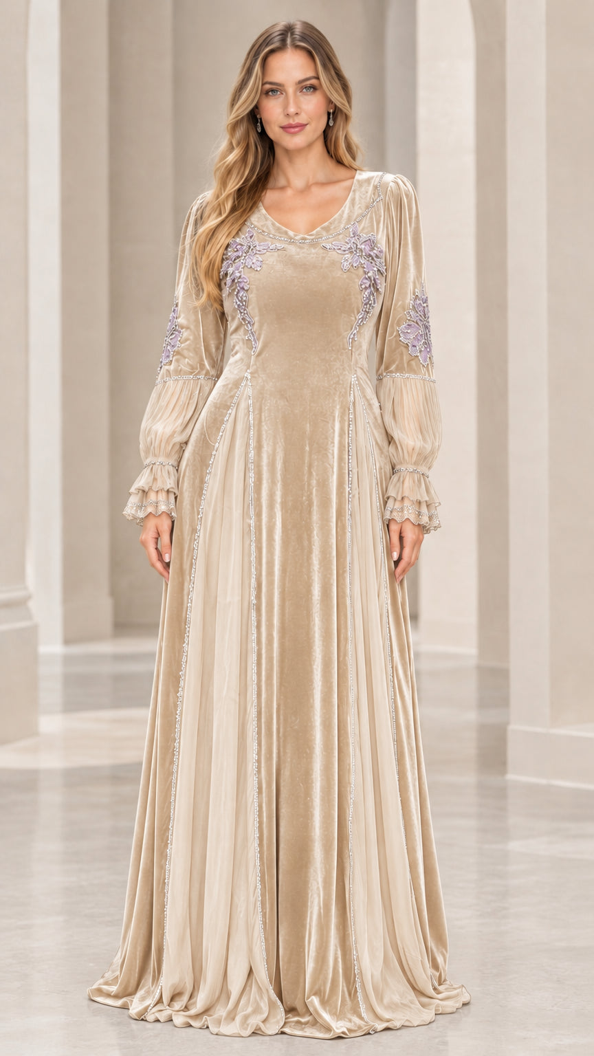 Model wearing Champagne gold embroidered velvet maxi dress