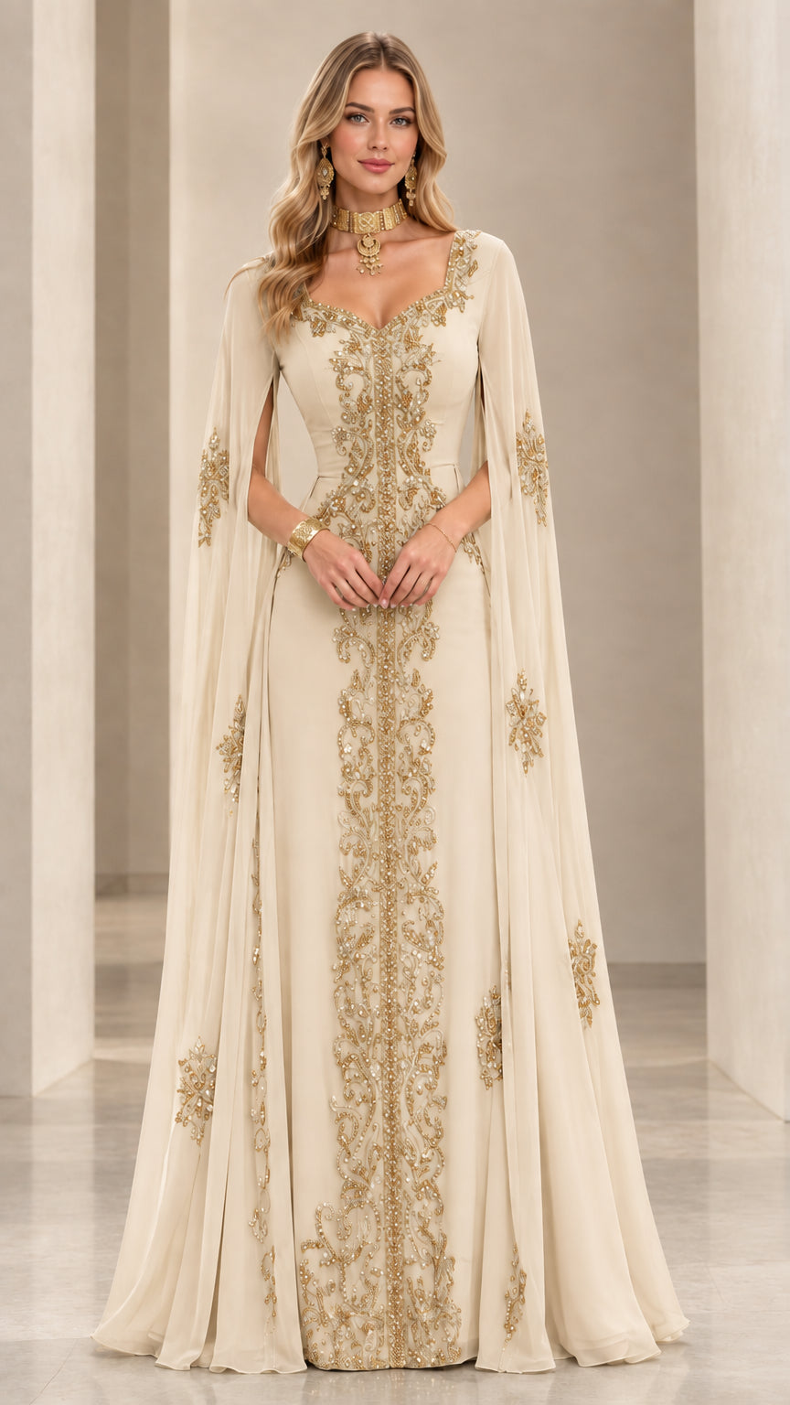 Champagne ivory cape sleeve kaftan gown with metallic gold sequin embroidery