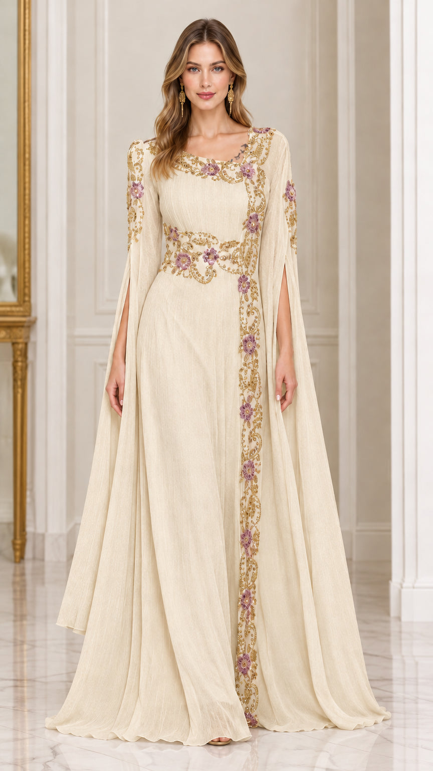 Front view of champagne cream embroidered split sleeve maxi dress