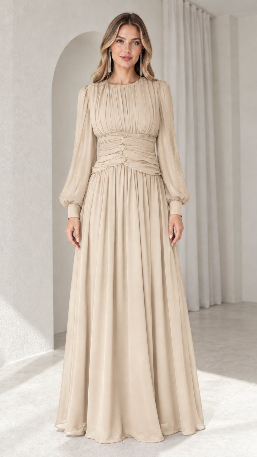 Champagne beige long sleeve gathered waist chiffon formal gown
