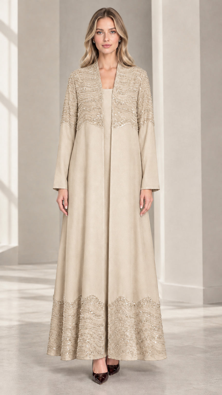 Front view of woman wearing Champagne beige sequined embroidered evening maxi dress set