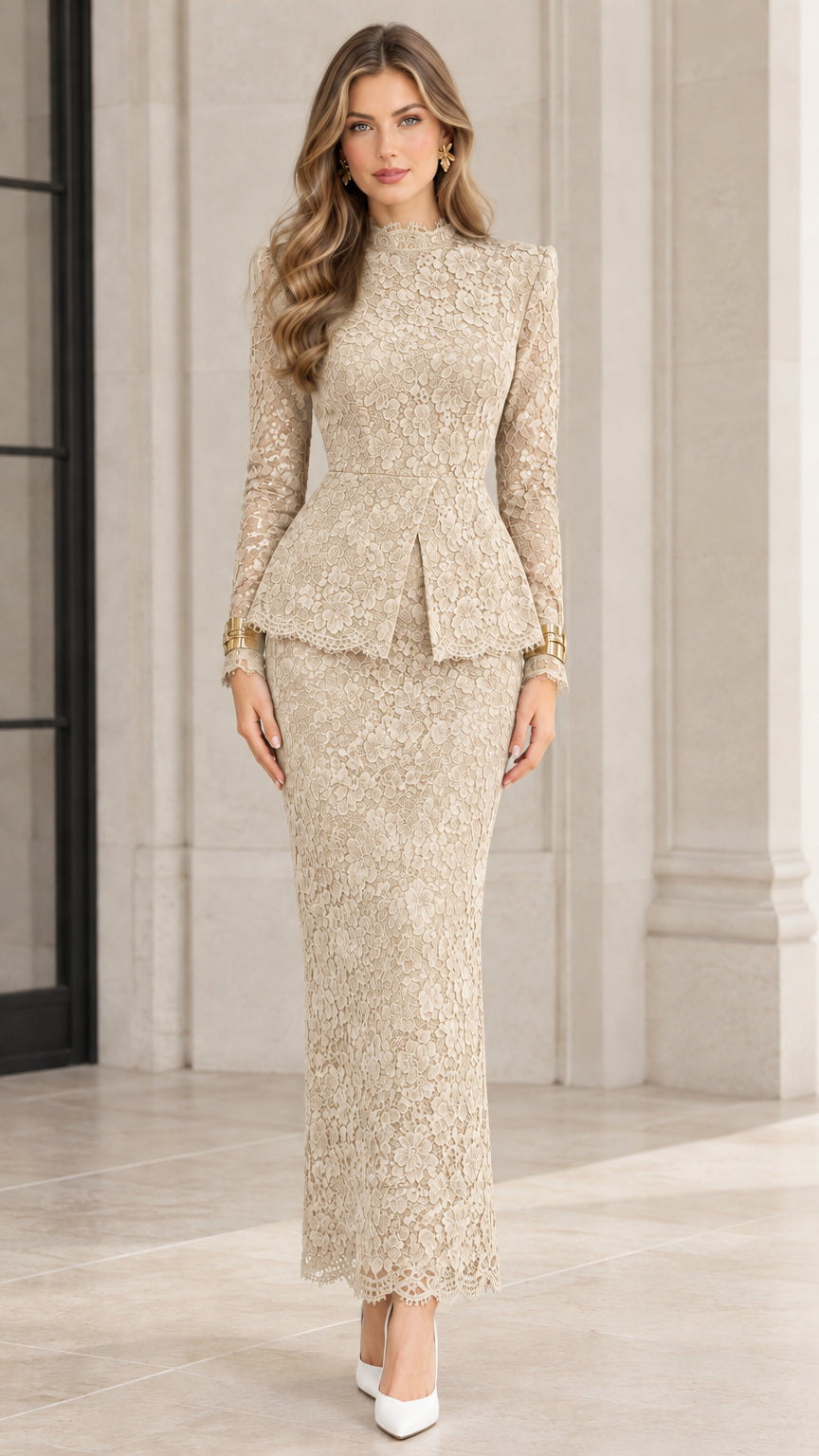 Full-length view of champagne beige floral lace peplum formal gown