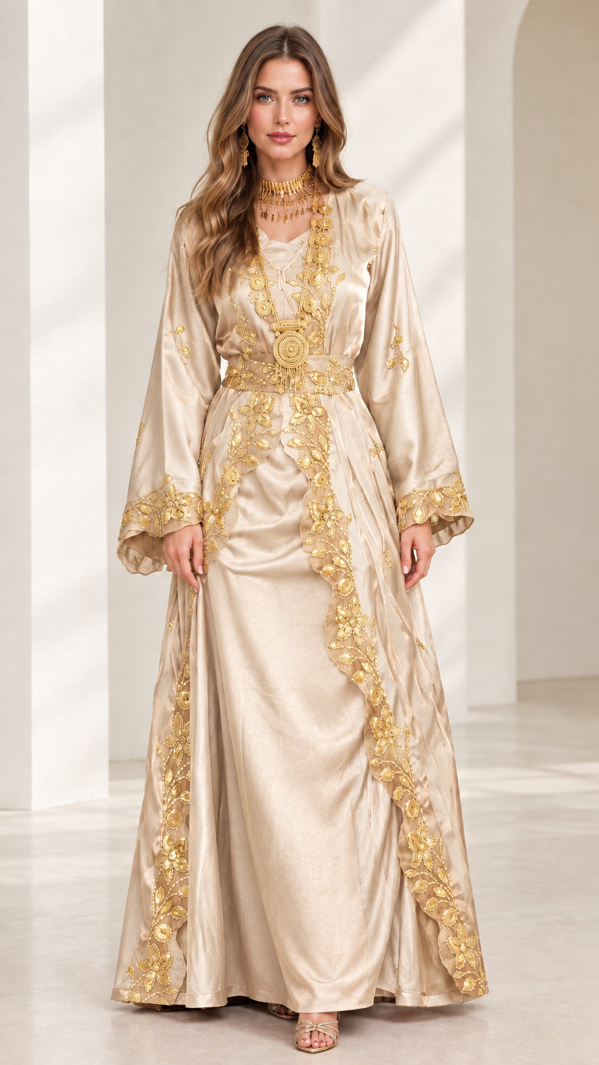 Front view of champagne gold satin embroidered evening maxi dress
