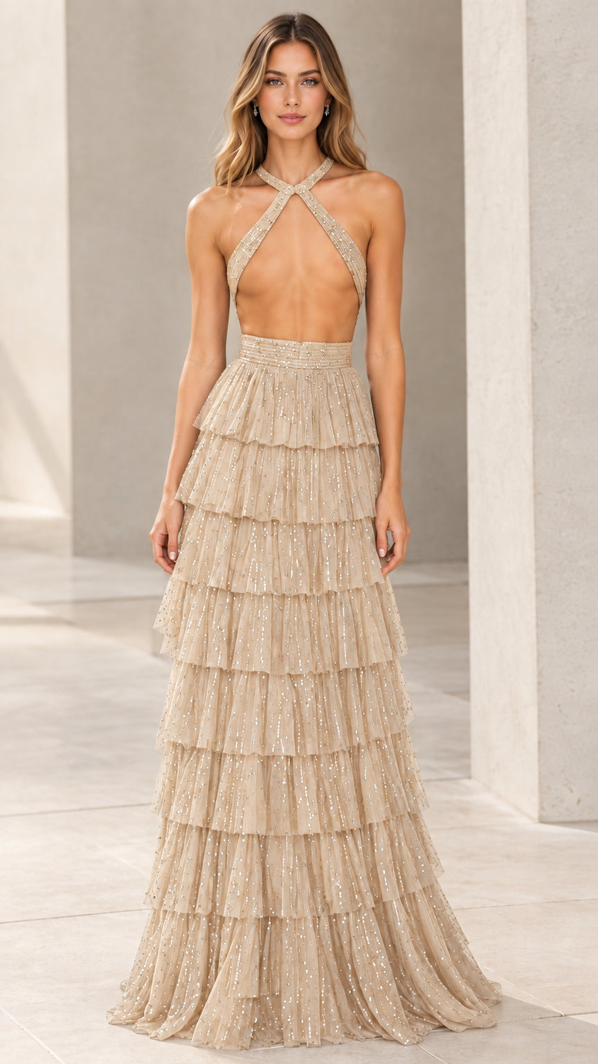 Champagne gold glitter crisscross halter tiered tulle evening maxi dress
