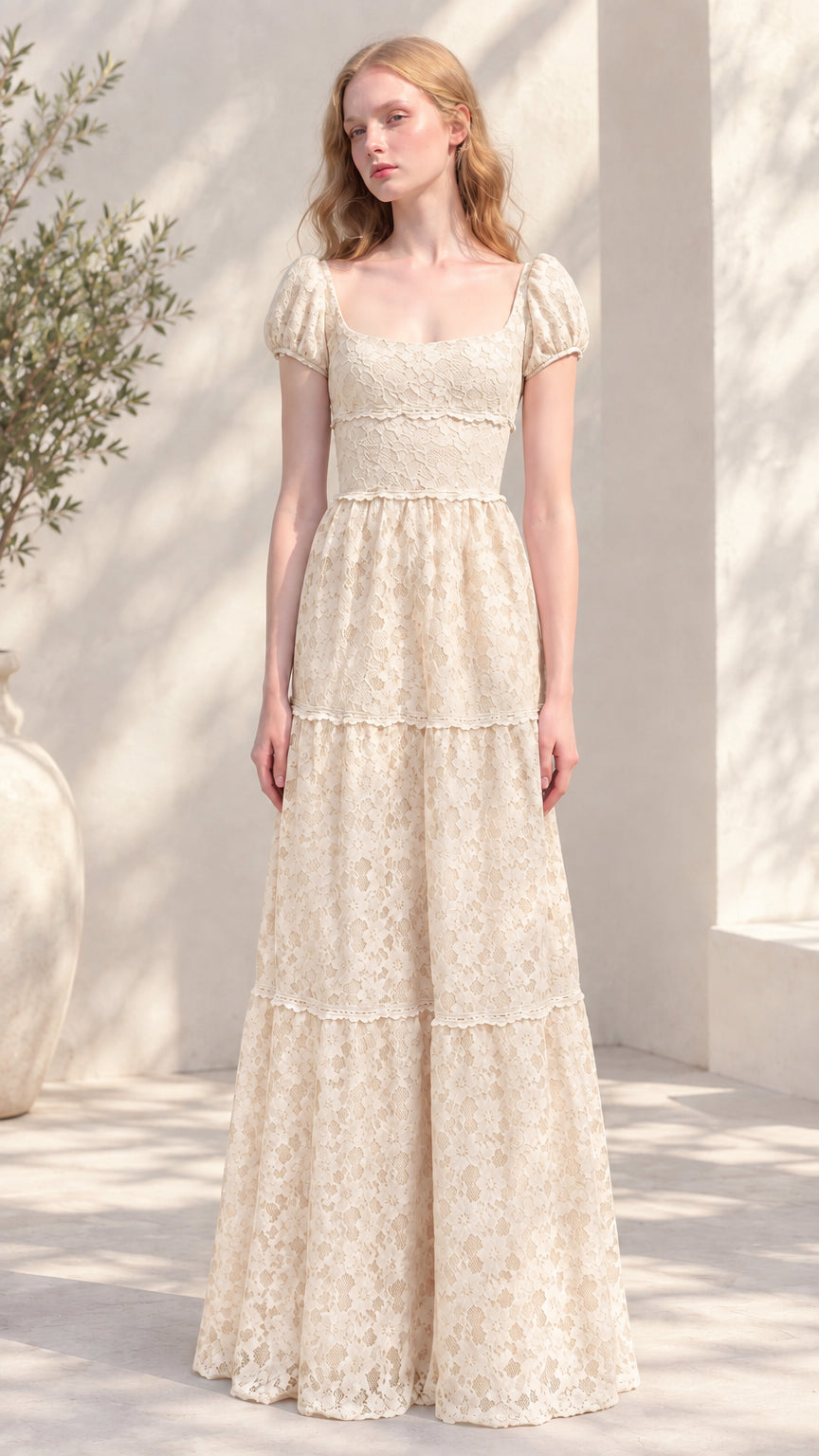 Front view of champagne beige floral lace tiered puff sleeve maxi dress