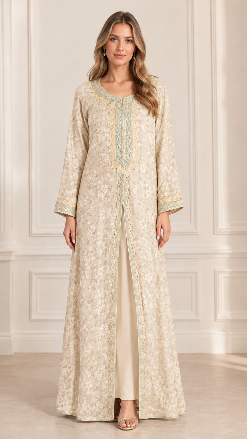 Front view of woman wearing champagne floral jacquard embroidered layered kaftan dress