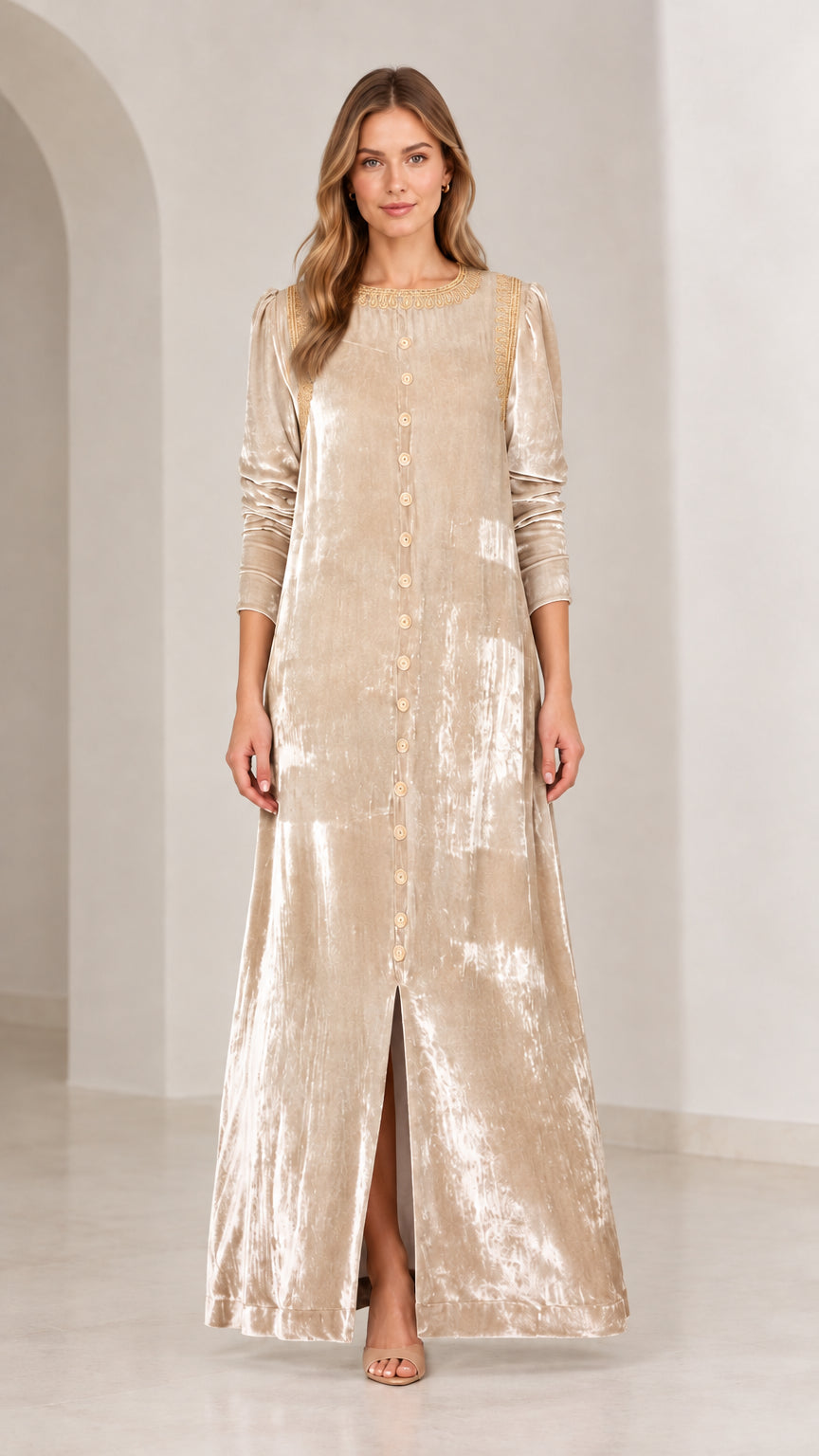 Full length front view of champagne gold crushed velvet maxi dress