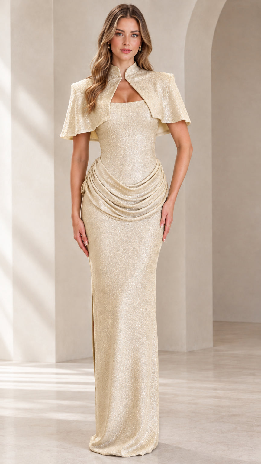 Front view of model wearing Champagne shimmer capelet evening gown