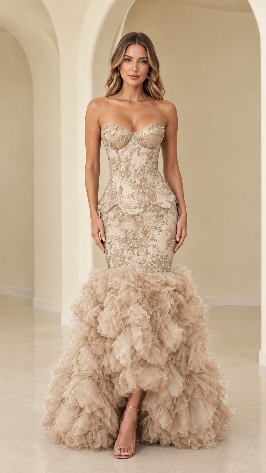 Model wearing champagne beige strapless beaded lace mermaid evening gown