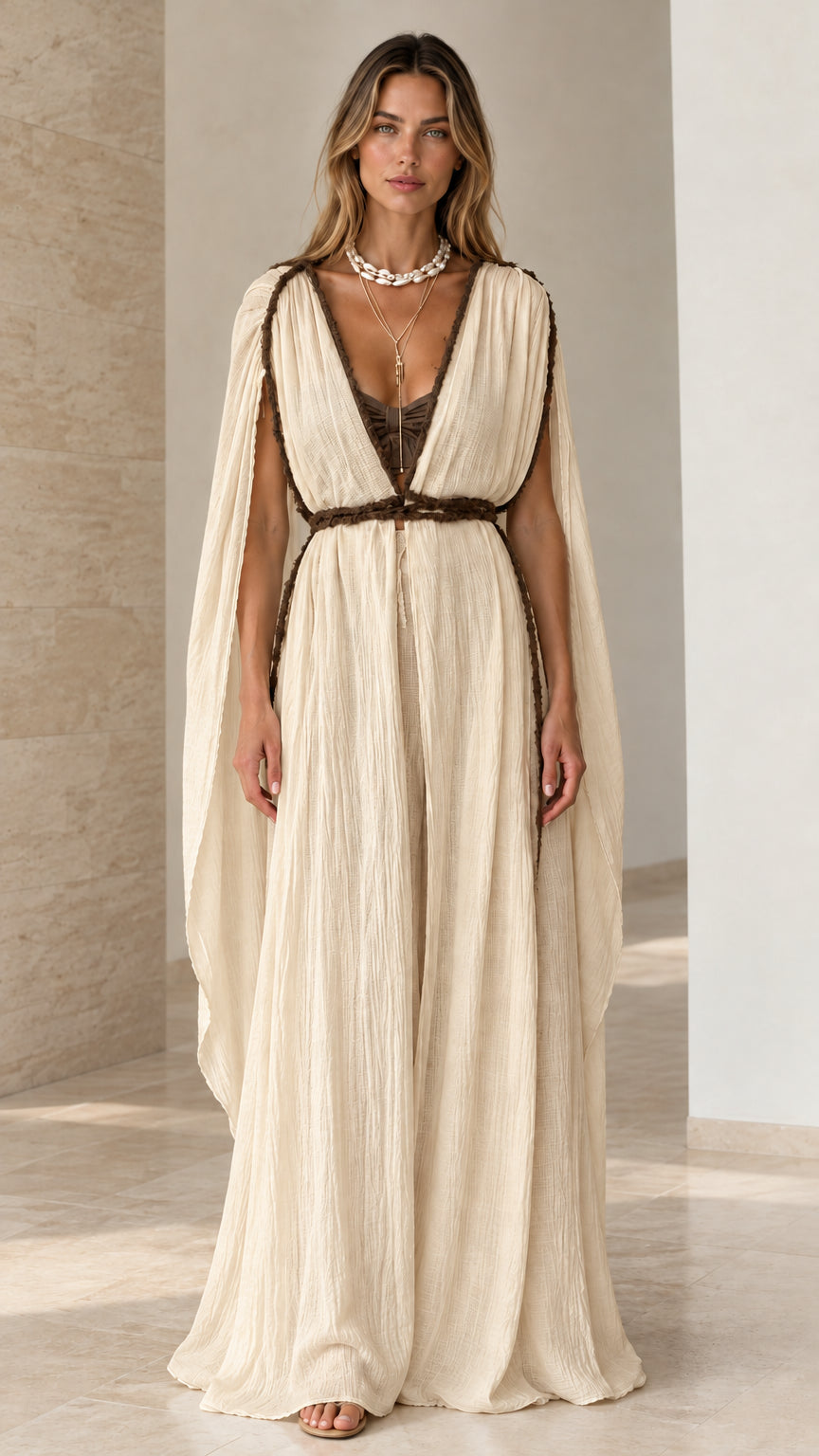 Beige cream Grecian cape sleeve maxi dress with braided tassel belt