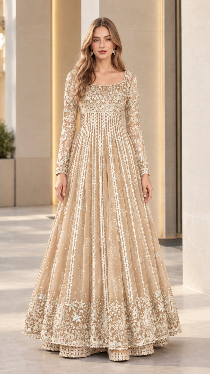 Full length view of champagne beige embroidered long sleeve flared evening maxi gown