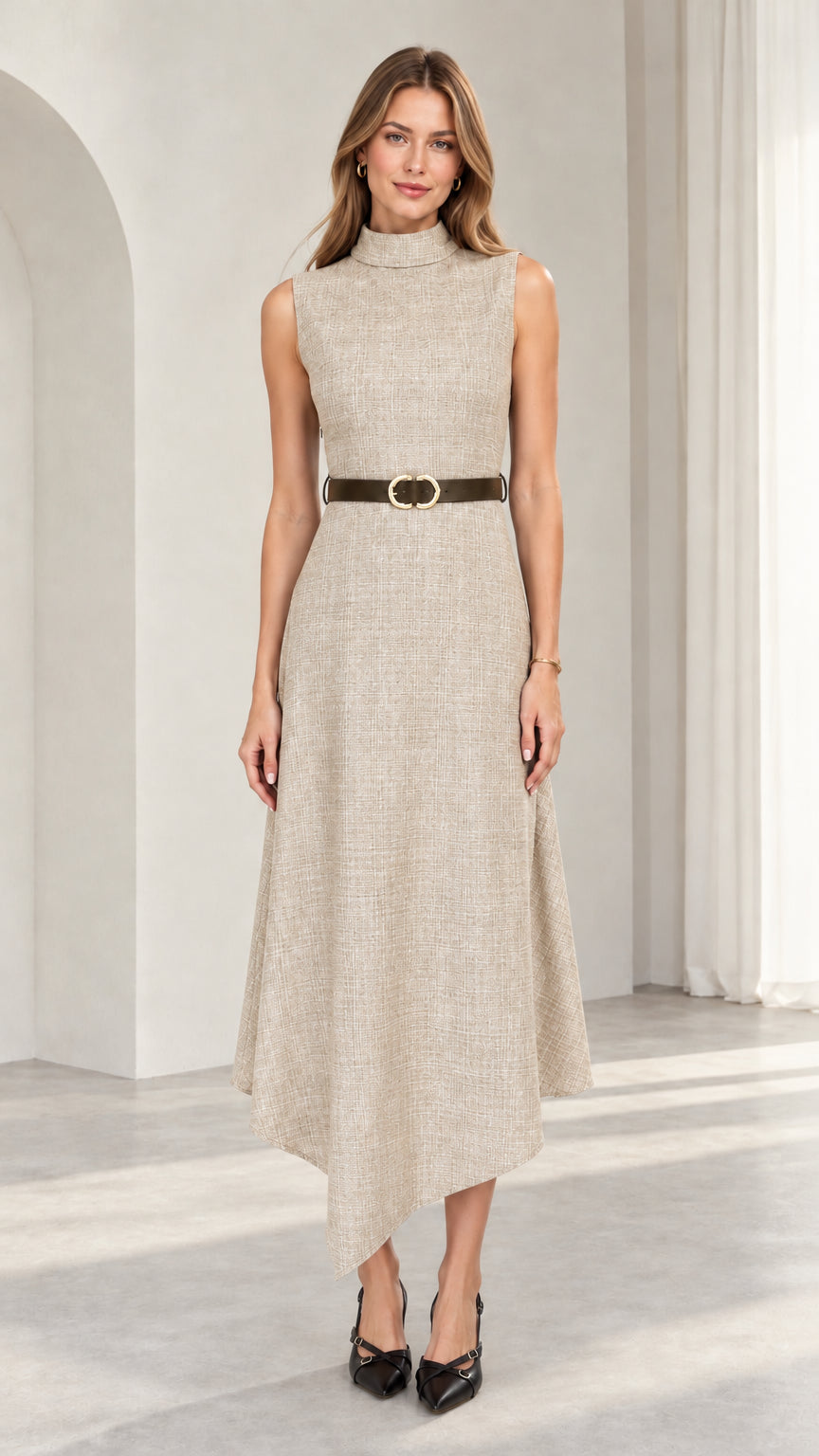 Model wearing oatmeal beige sleeveless mock neck asymmetrical midi dress