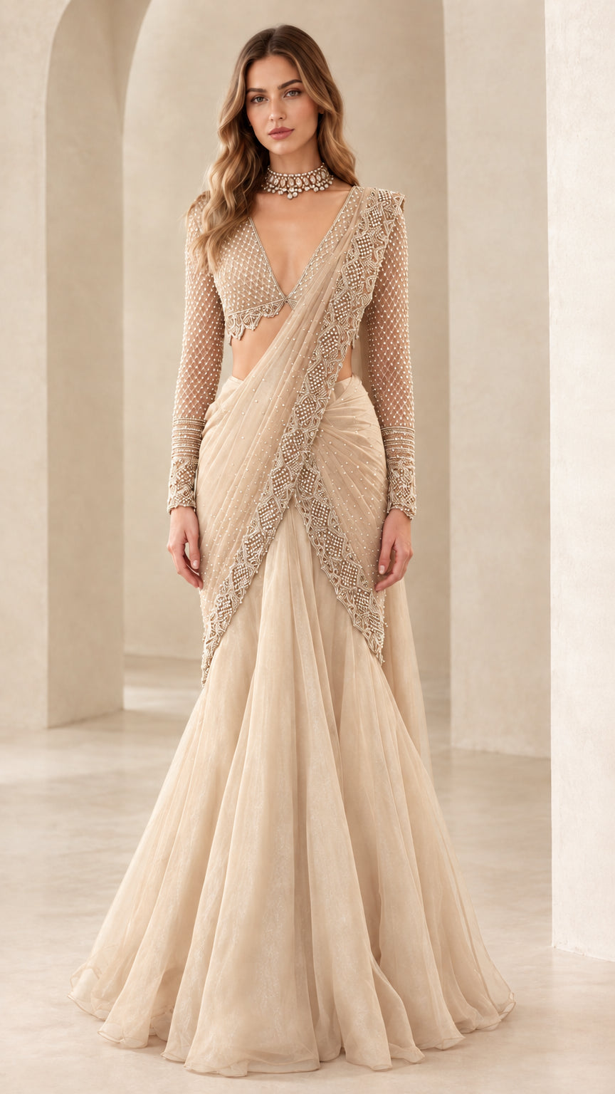 Champagne gold pre-draped lehenga saree featuring embroidered pallu and long-sleeve crop top