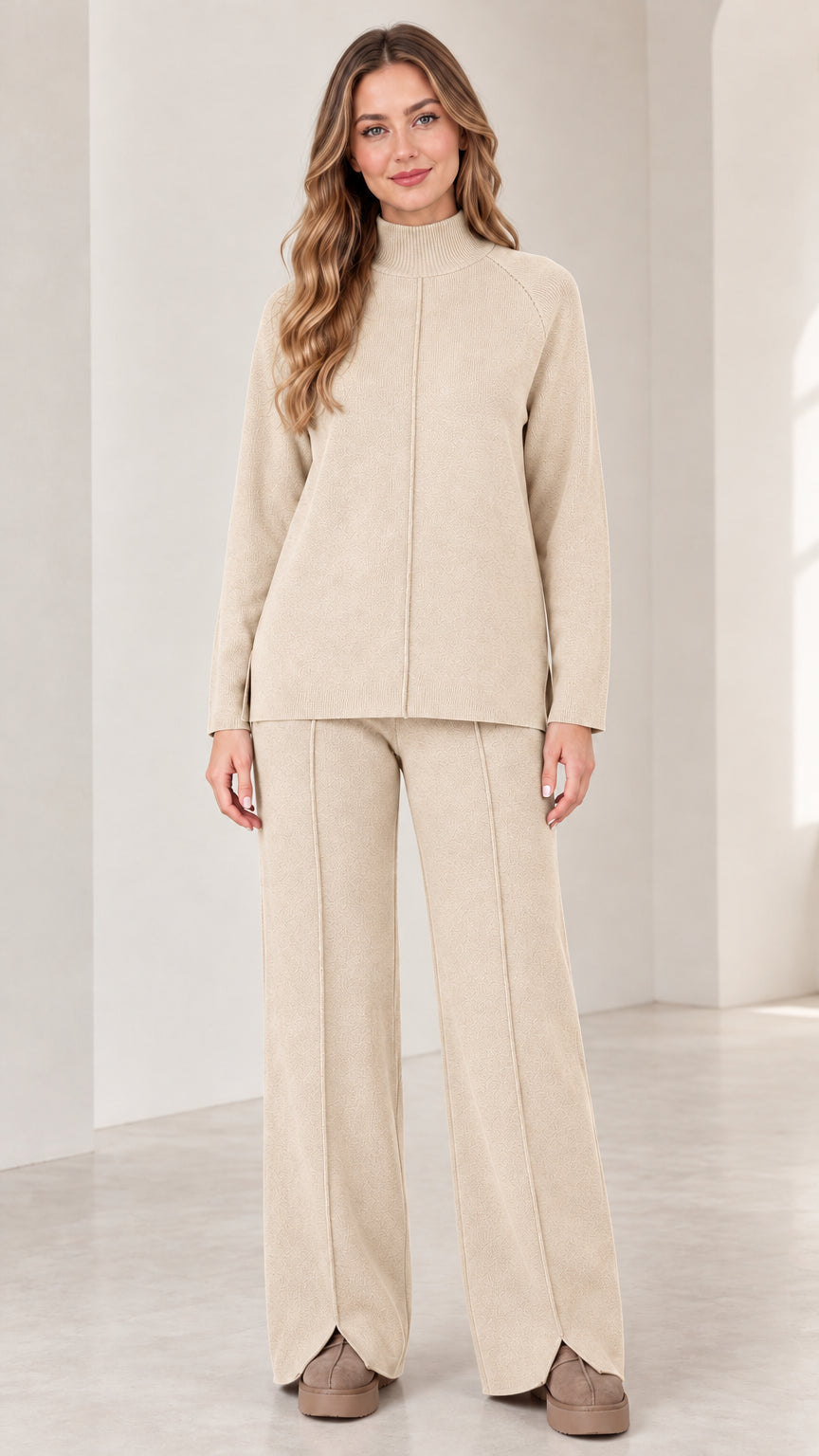 Front view of model wearing Beige oatmeal mock neck two-piece knit lounge set