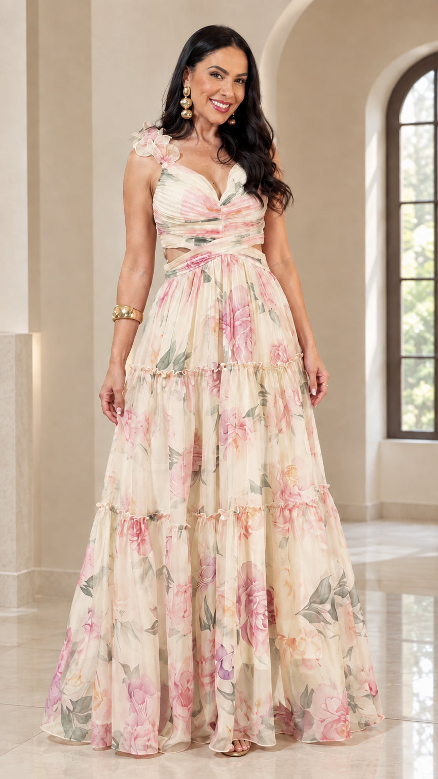 Model wearing Cream floral print cutout tiered maxi dress