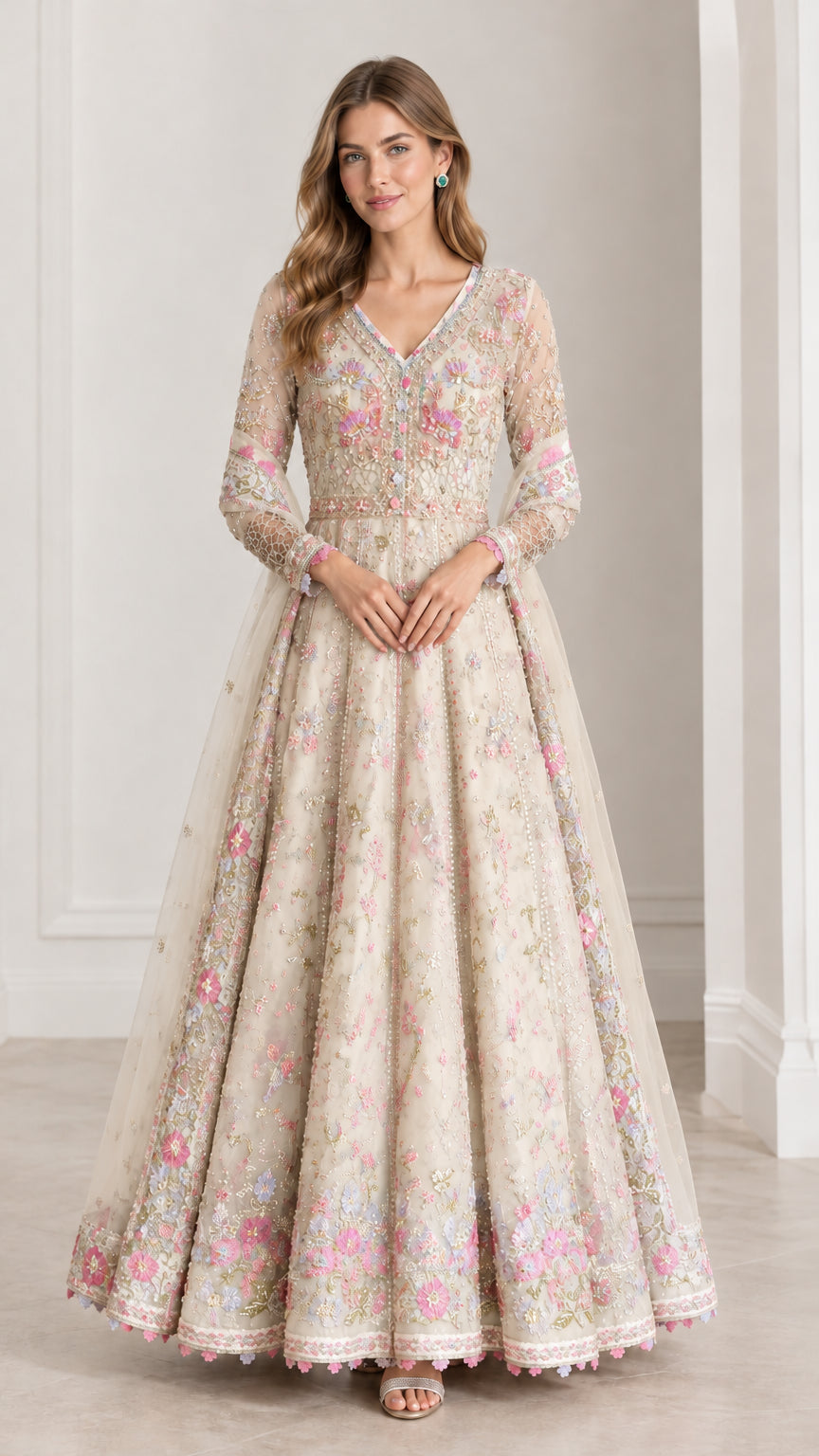 Full front view of model wearing Champagne floral embroidered evening gown