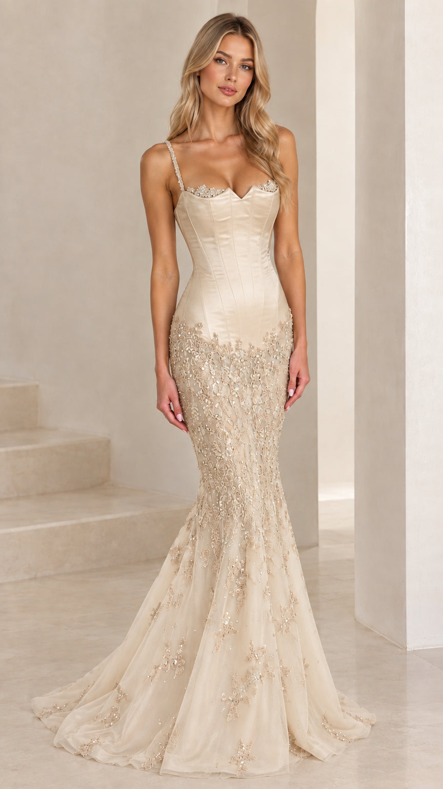 Champagne gold corset boned beaded lace evening dress