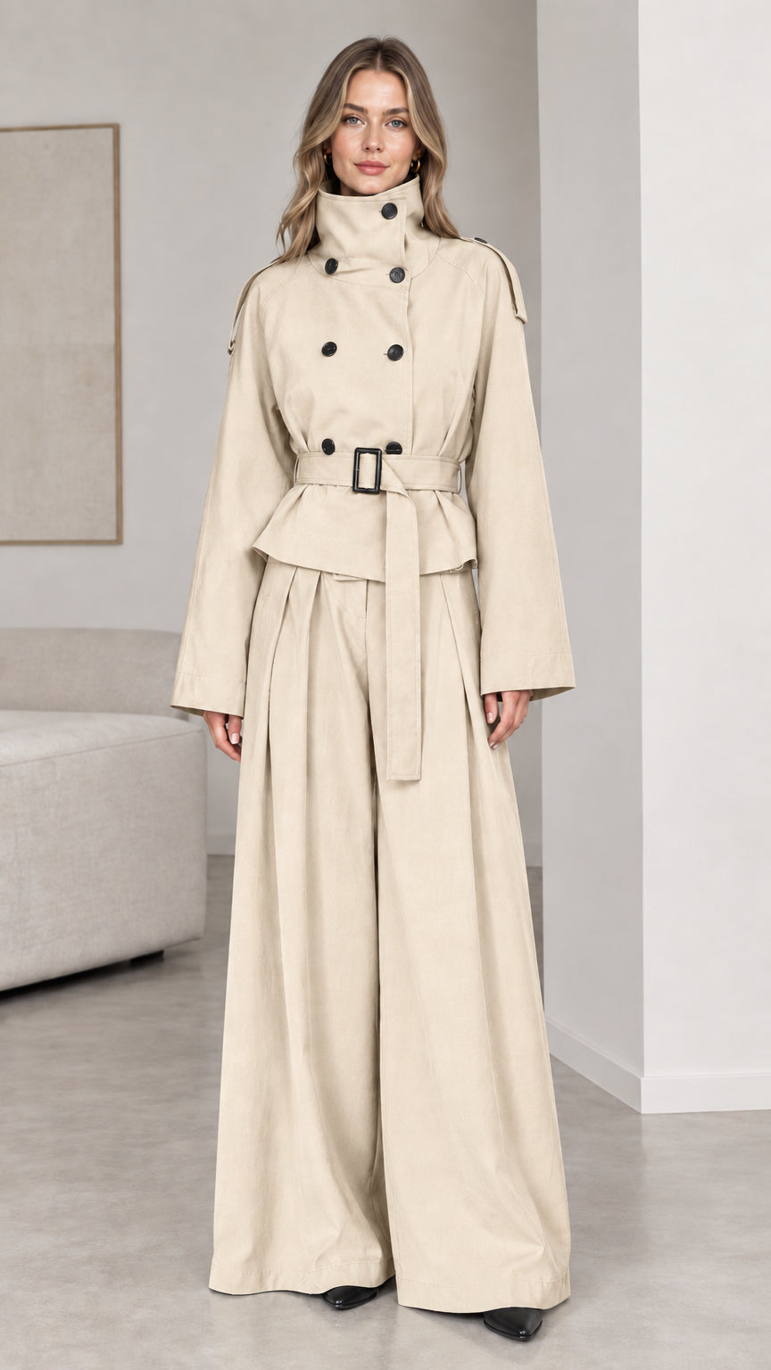 Full-length view of beige cream double-breasted trench jacket and wide-leg pant set