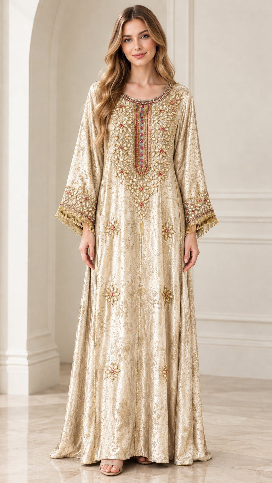 Front view of champagne gold embroidered crushed velvet kaftan maxi dress