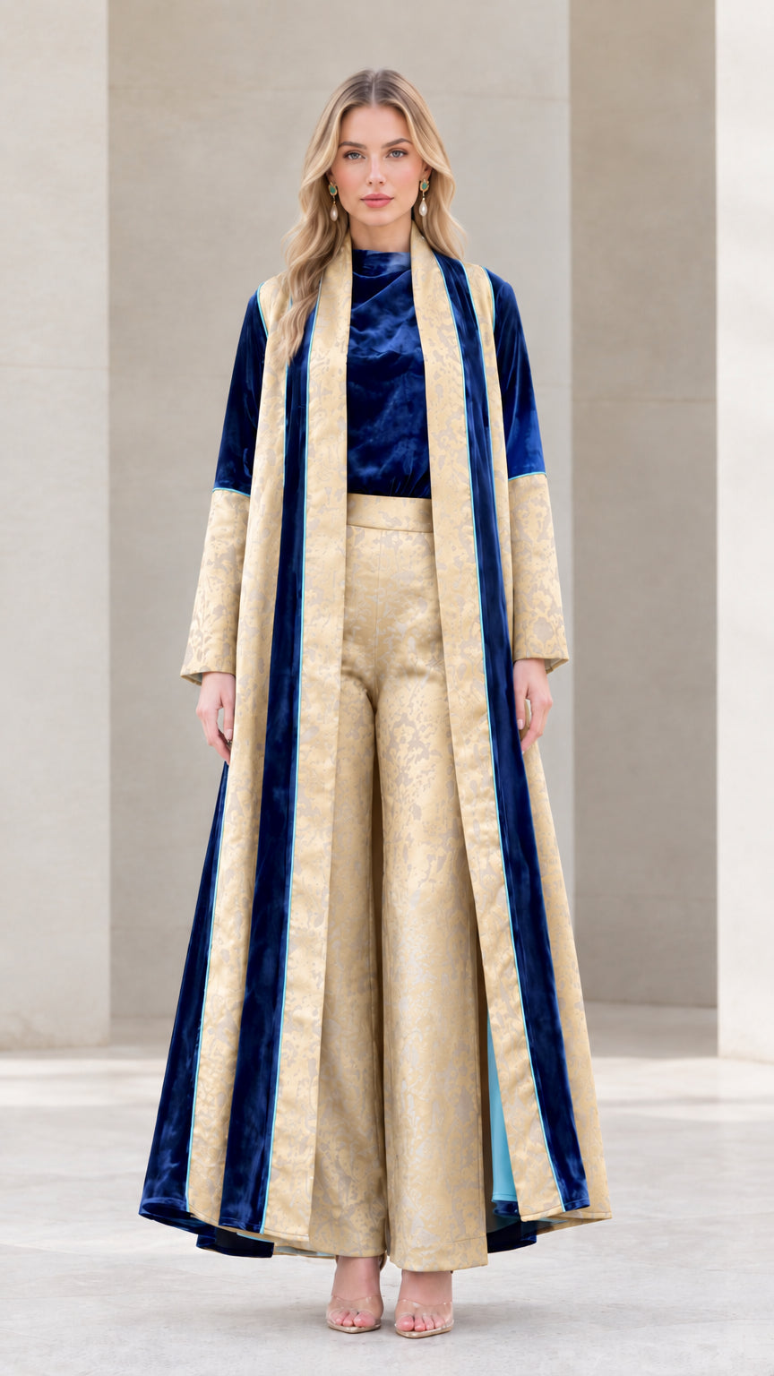 Model wearing Champagne and Royal Blue 3-piece velvet and jacquard maxi duster pant set