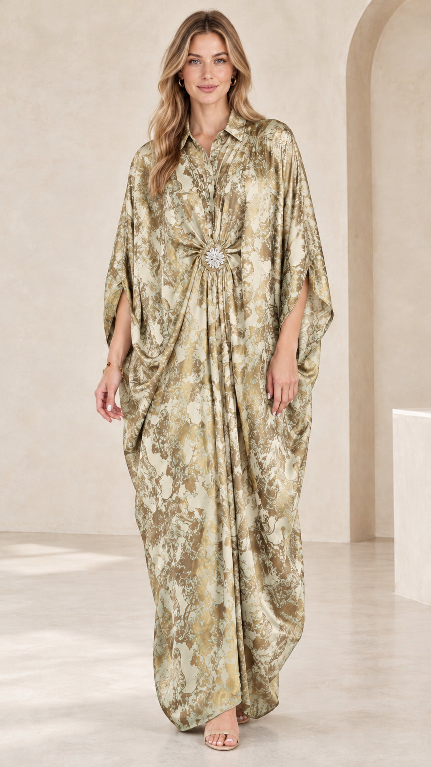 Champagne sage gold printed kaftan maxi dress with crystal embellishment