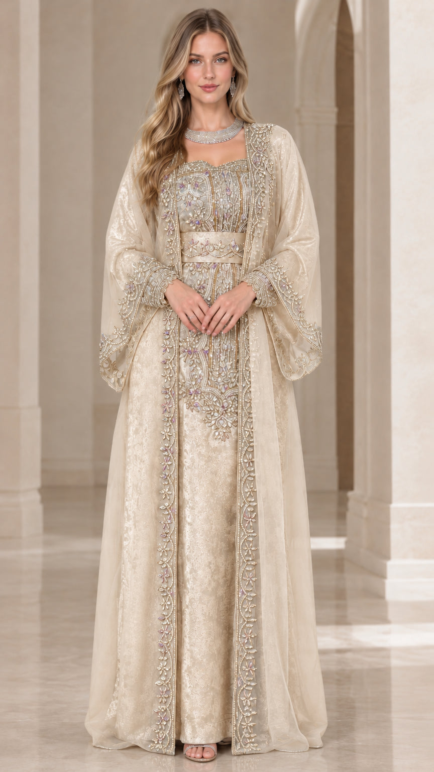 Full front view of champagne gold embroidered kaftan maxi dress