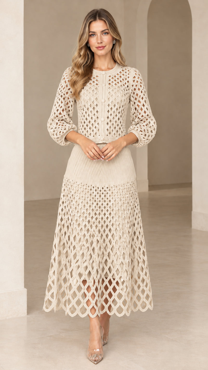 Model wearing cream beige lattice crochet knit midi skirt set