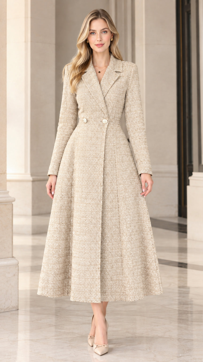 Beige cream longline tweed coat dress on model