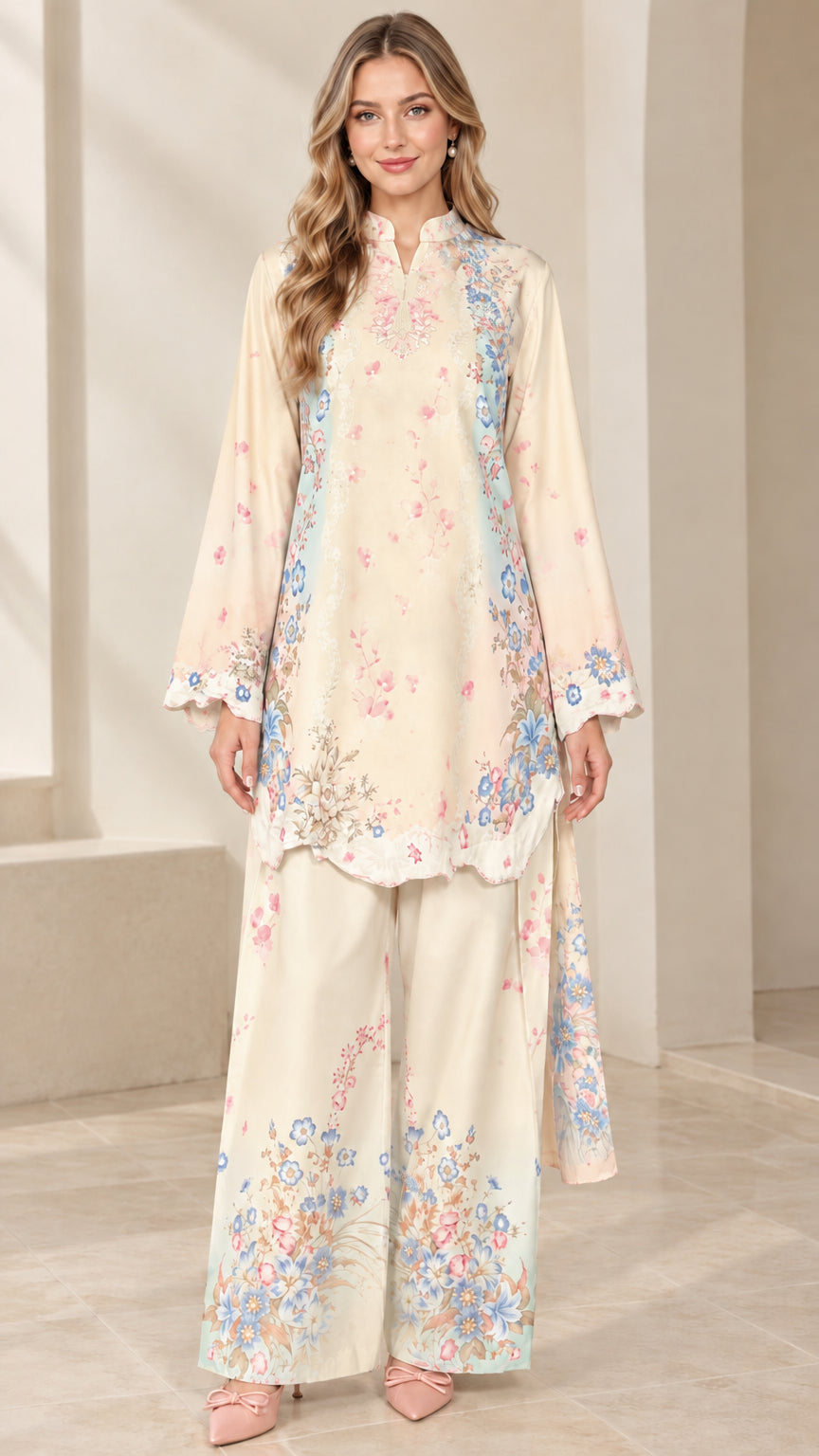 Full front view of cream ivory floral print tunic and wide leg trousers set